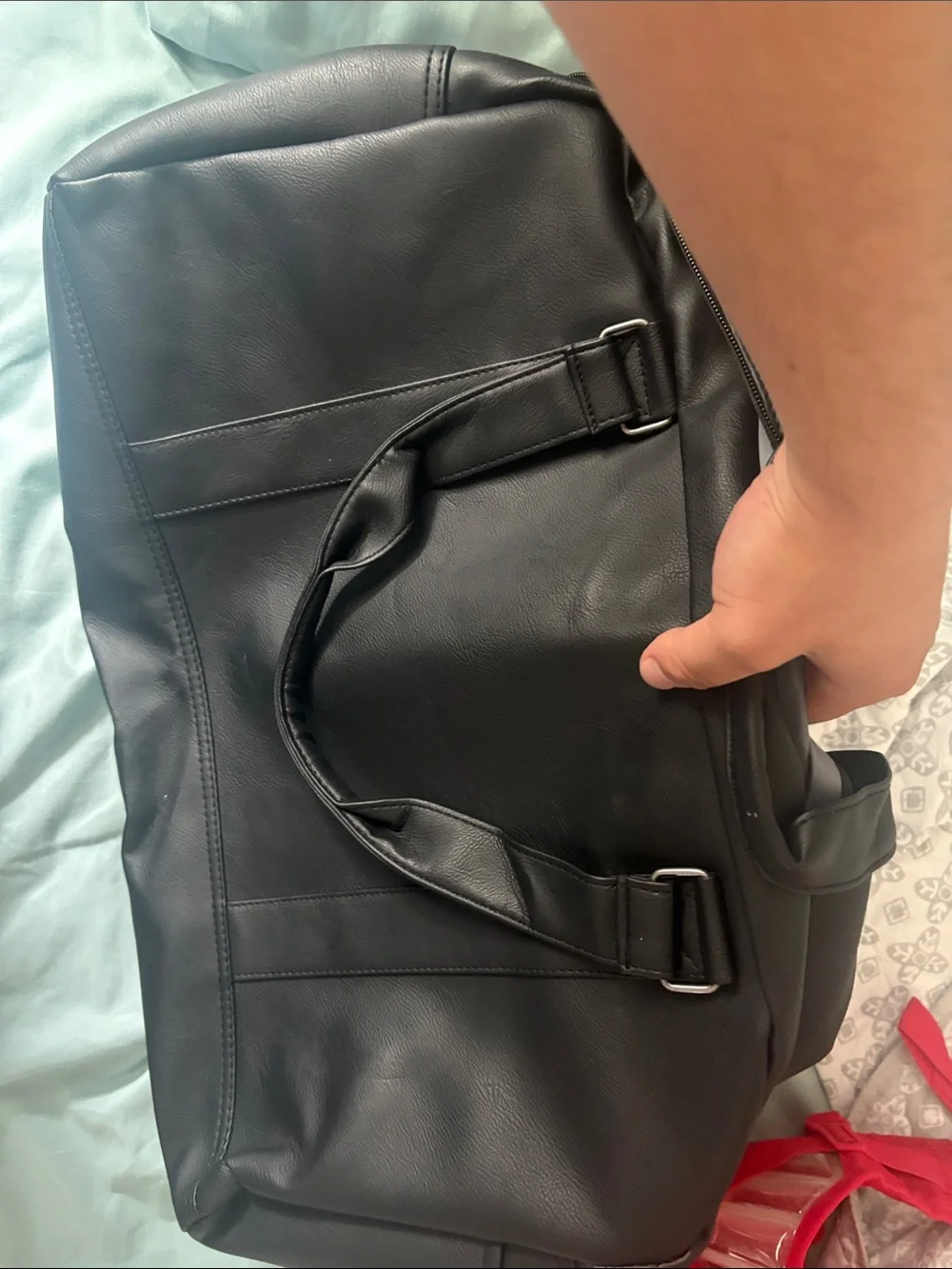 Brooklyn Embroidered Black Leather-Style Weekender Bag